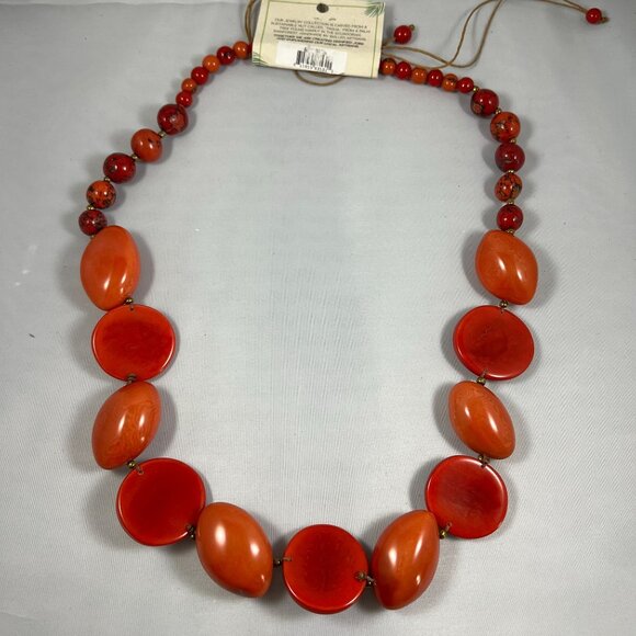 Handcrafted Tagua Nut Statement Necklace With Adjustable Cord Red & Orange Tones - Picture 2 of 5